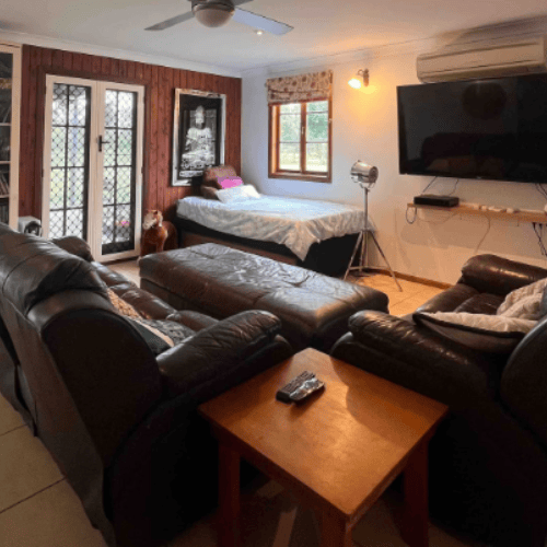 dark leather seats with tv, foxtel and chromecast 