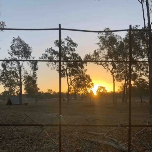 sun setting on lockyer valley being viewed from behind fence at farm in churchable